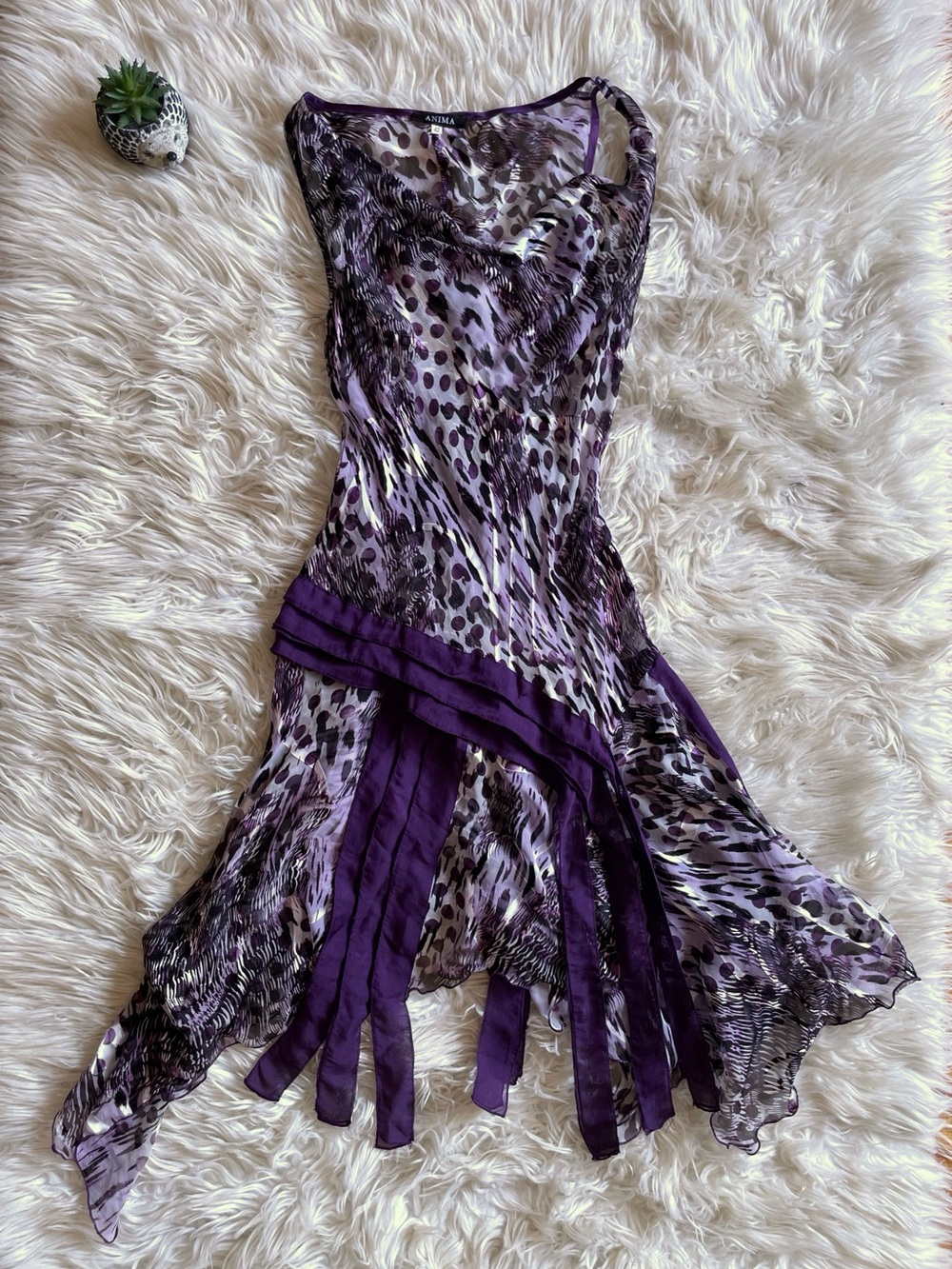 ✨ VINTAGE SHEER BIAS CUT ANIMA PURPLE LEOPARD 100% SILK DRESS ✨